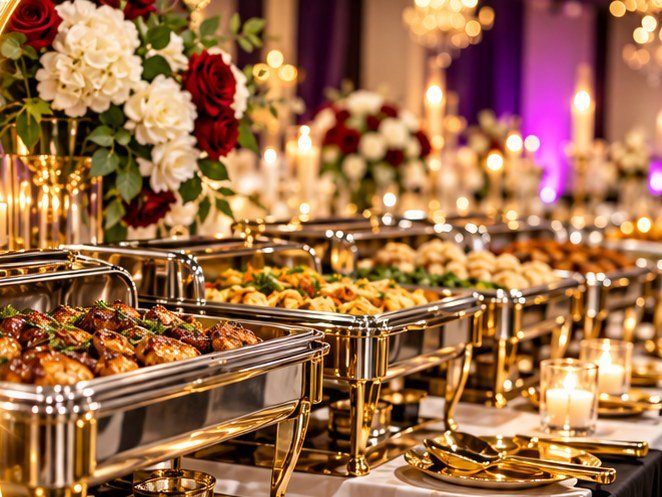Illustrative buffet food trays for an outside-catered celebration